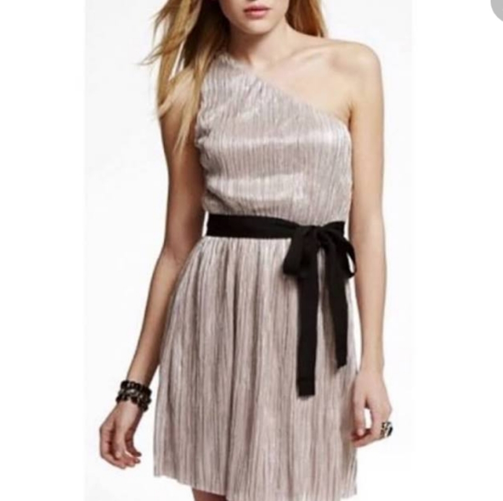 Express one shoulder blouson pleated metallic dress with sash, S
